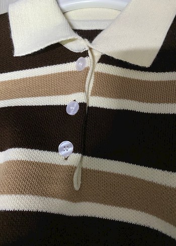 Düğmeli Kahverengi Çizgili Kadın Kazak - Görsel 2