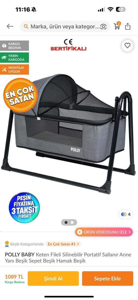 Gri Polly Sallanır Beşik ve Beşik Uyumlu yatak - Görsel 2