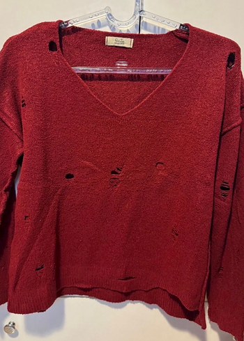 Bordo V Yaka Örgü Kadın Kazak - Görsel 4