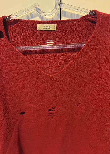 Bordo V Yaka Örgü Kadın Kazak - Görsel 5