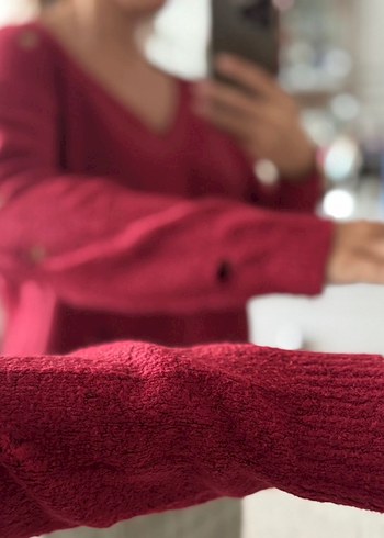 Bordo V Yaka Örgü Kadın Kazak - Görsel 3