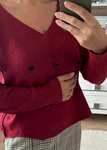 Bordo V Yaka Örgü Kadın Kazak - Görsel 2