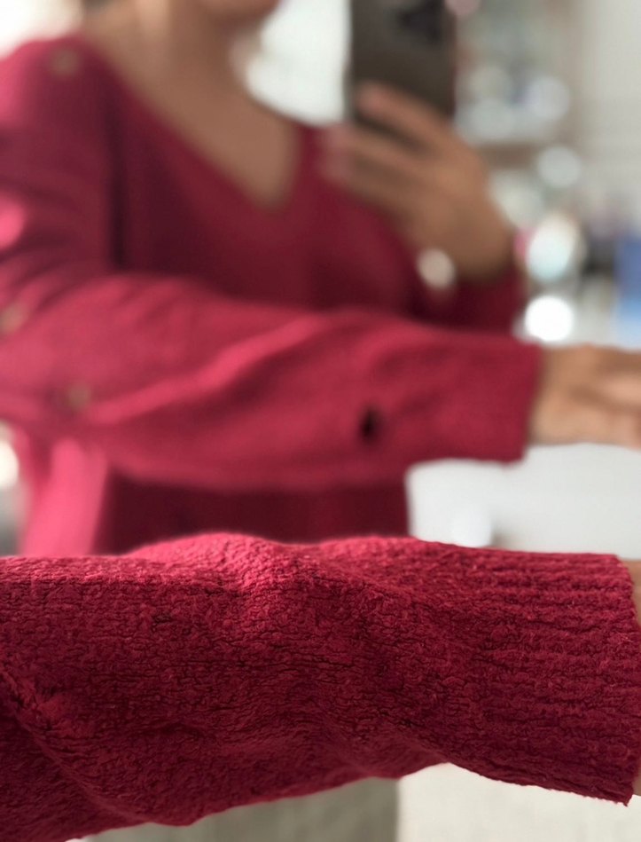 Bordo V Yaka Örgü Kadın Kazak - Görsel 3