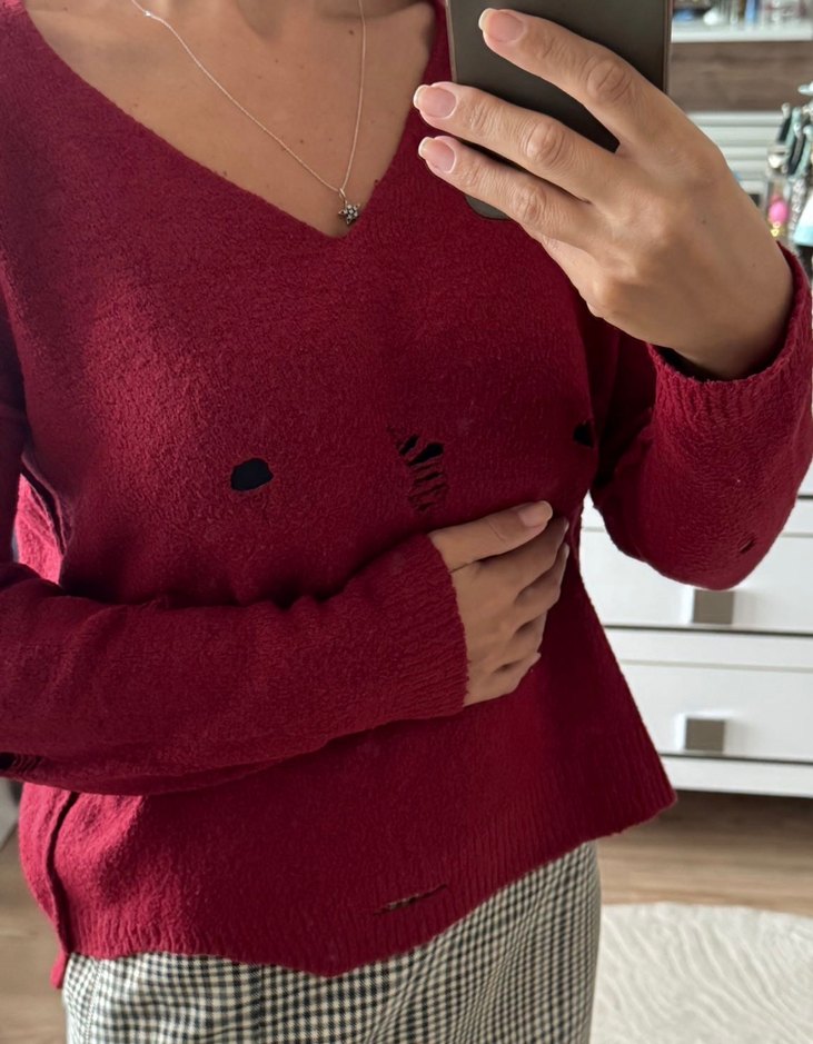 Bordo V Yaka Örgü Kadın Kazak - Görsel 2