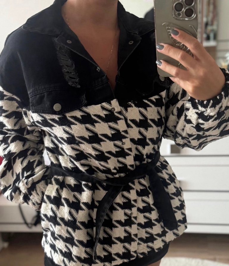 Kemerli Siyah Beyaz Oversize Kadın mont - Görsel 2