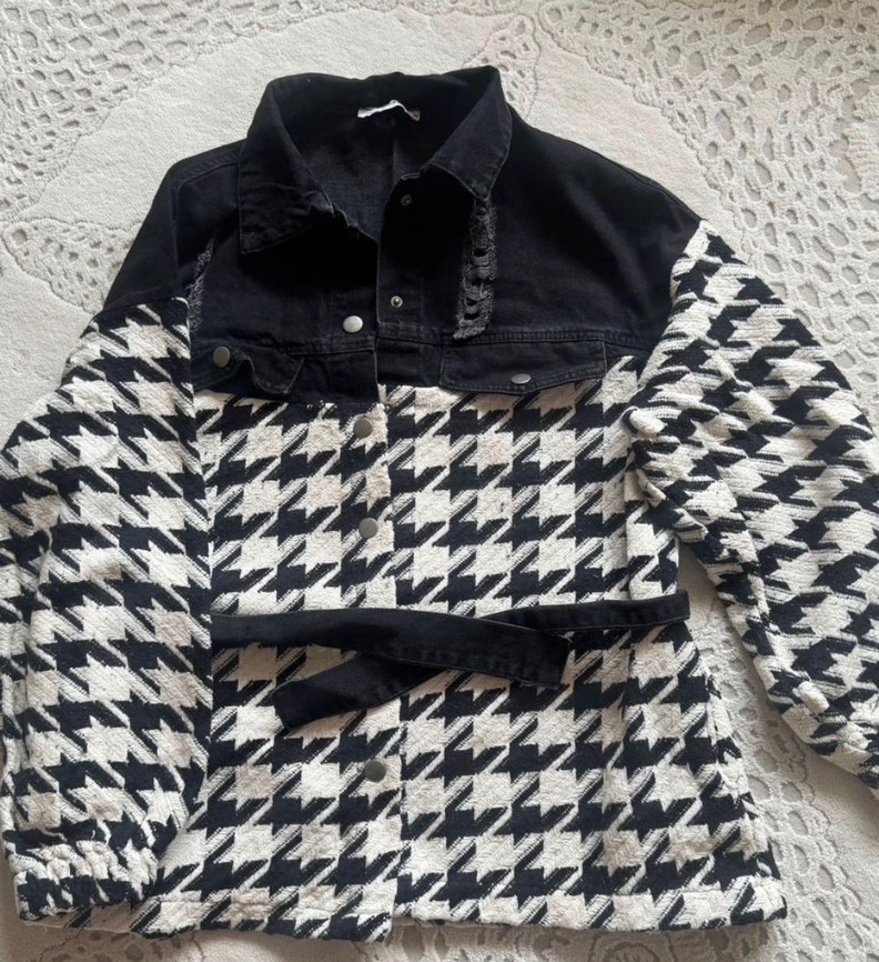 Kemerli Siyah Beyaz Oversize Kadın mont - Görsel 3