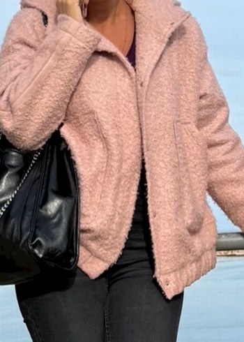 Pembe Peluş Kadın Midi Mont - Görsel 2
