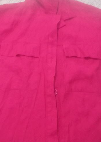 Düğmeli Pembe Keten Kadın Gömlek - Görsel 3