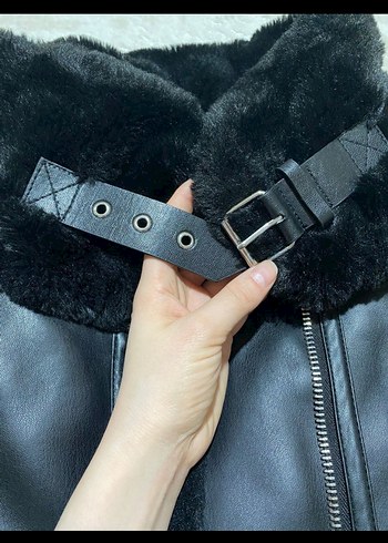 Siyah Deri Kürklü Biker Ceket - Görsel 6