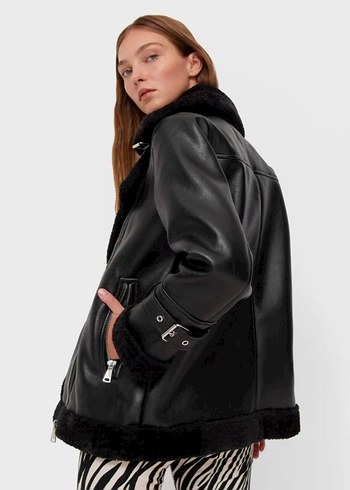 Siyah Deri Kürklü Biker Ceket - Görsel 2