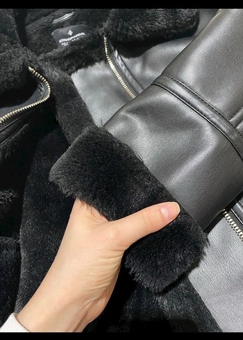 Siyah Deri Kürklü Biker Ceket - Görsel 5