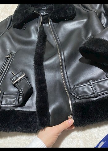 Siyah Deri Kürklü Biker Ceket - Görsel 7