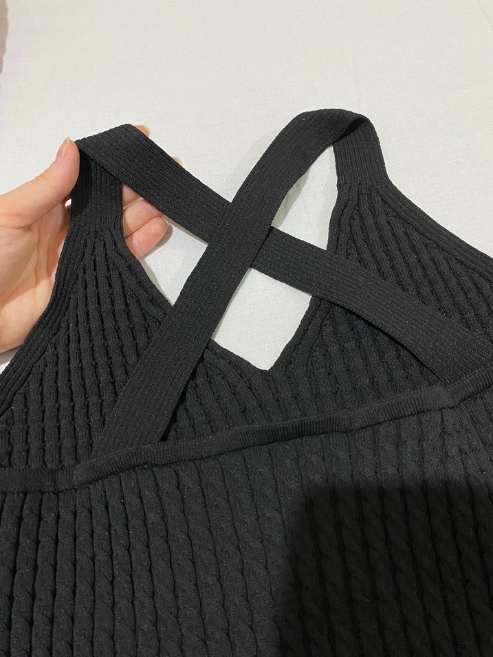 Siyah V Yaka Örgü Askılı Kadın Süveter - Görsel 3