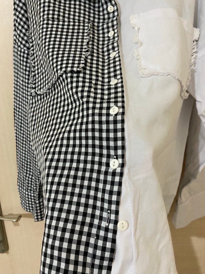 Düğmeli Ekose ve Düz Gri-Beyaz Kadın Gömlek - Görsel 3