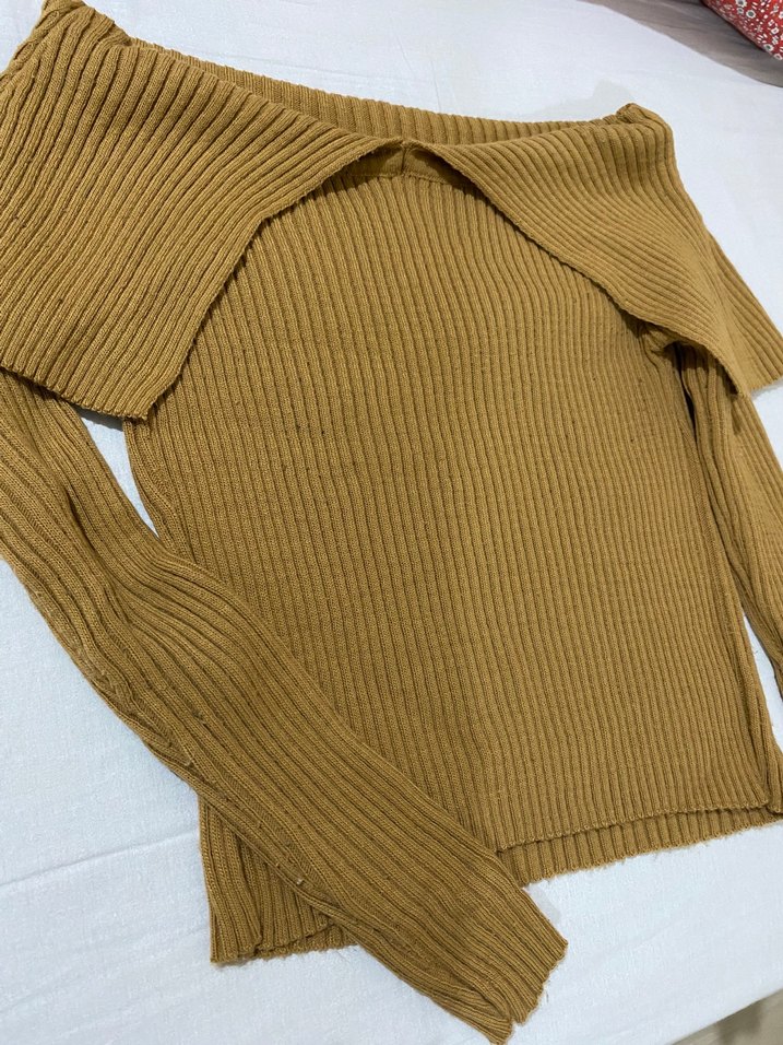 Kadın camel Triko Uzun Kollu Kayık Yaka Kazak - Görsel 4