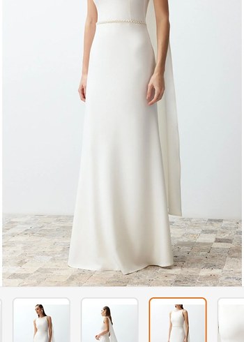 Minimalist Beyaz incili Uzun Abiye Elbise - Görsel 2