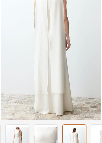 Minimalist Beyaz incili Uzun Abiye Elbise - Görsel 4