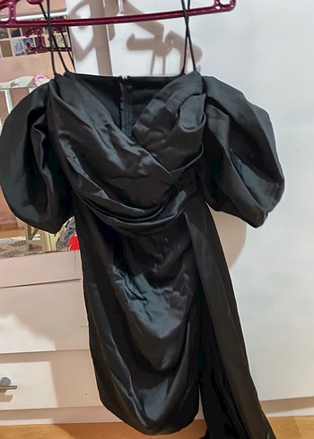 Straplez Drapeli Uzun Siyah saten Abiye - Görsel 2