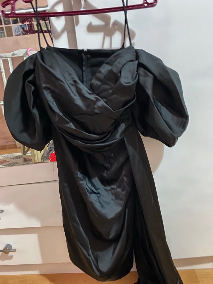 Straplez Drapeli Uzun Siyah saten Abiye - Görsel 2