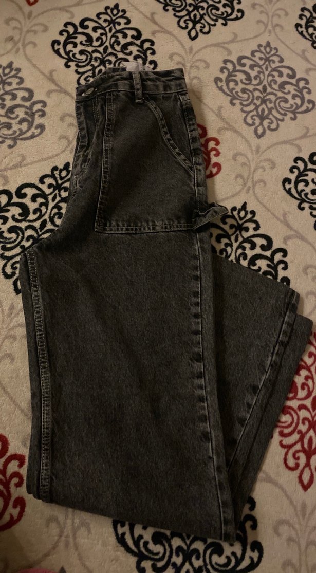 Gri Batik Desenli Bol Kesim Kadın Kot Pantolon - Görsel 4