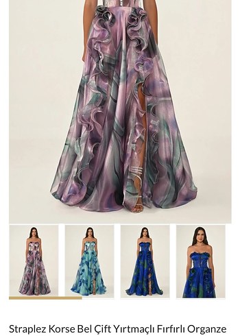 Straplez Korse Bel Çift Yırtmaçlı Fırfırlı Abiye - Görsel 2