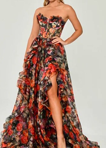 Straplez Korse Bel Çift Yırtmaçlı Fırfırlı Abiye - Görsel 3