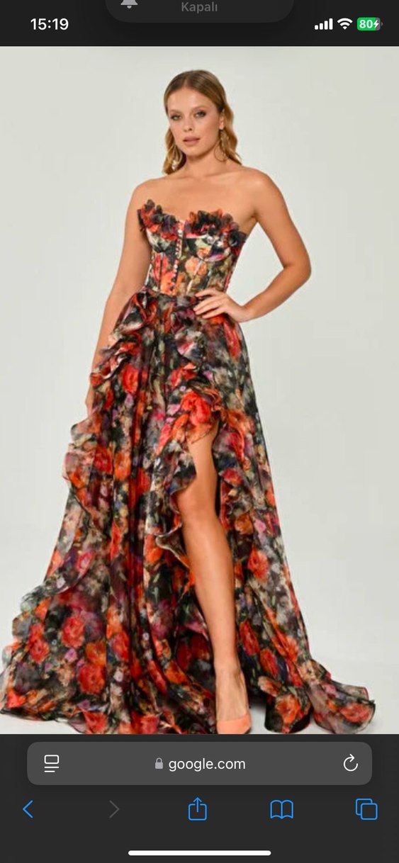 Straplez Korse Bel Çift Yırtmaçlı Fırfırlı Abiye - Görsel 3