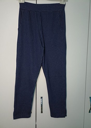 Lacivert Çizgili Kadın Kumaş Pantolon - Görsel 5