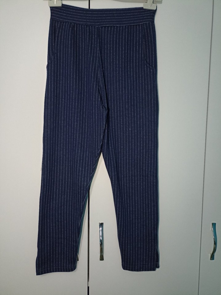 Lacivert Çizgili Kadın Kumaş Pantolon - Görsel 5