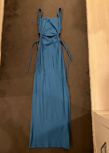 Mavi Drapeli Uzun Askılı Elbise - Görsel 2