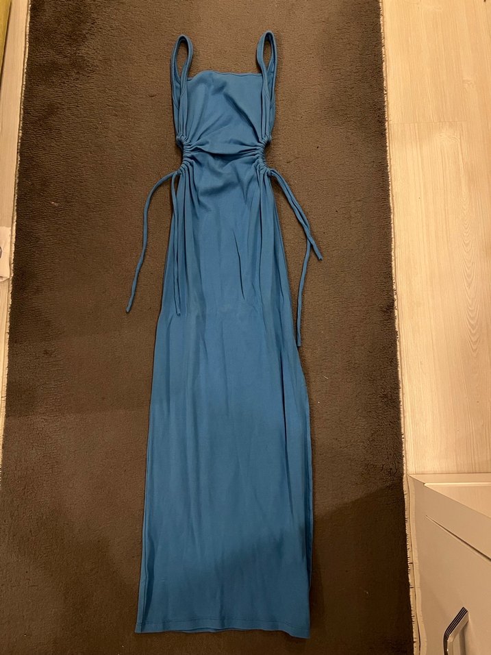 Mavi Drapeli Uzun Askılı Elbise - Görsel 2