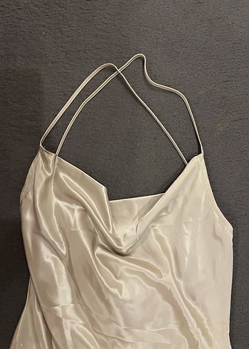 Midi Saten Bej Elbise - Görsel 2