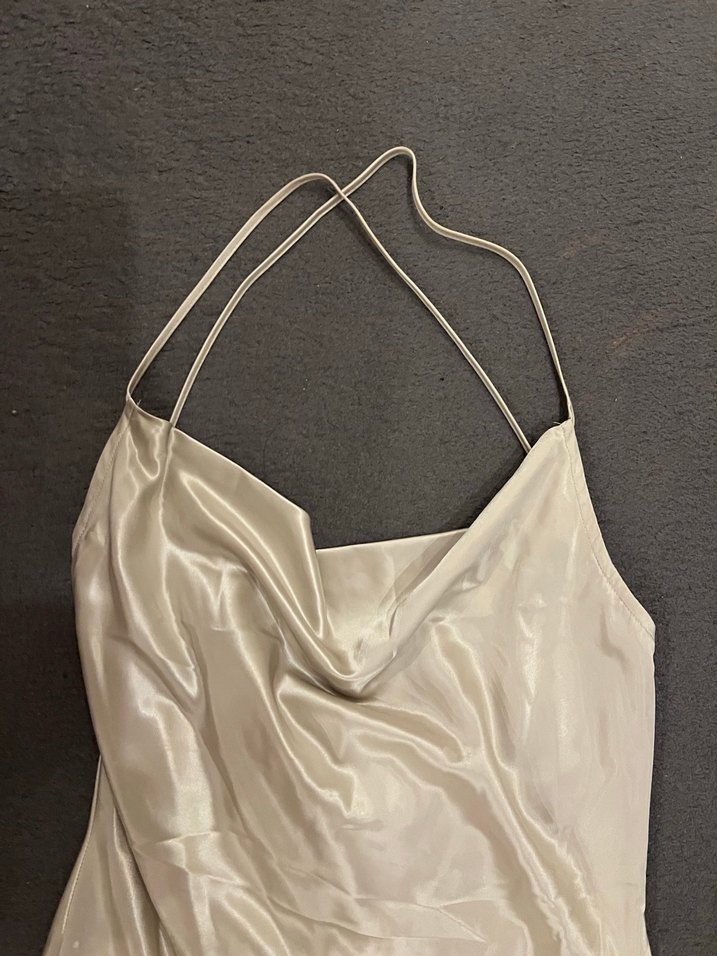 Midi Saten Bej Elbise - Görsel 2