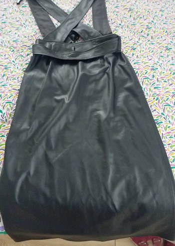 Siyah Deri Kadın Uzun Salopet elbise - Görsel 5