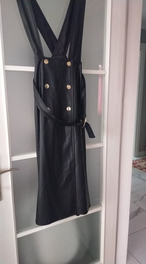 Siyah Deri Kadın Uzun Salopet elbise - Görsel 2