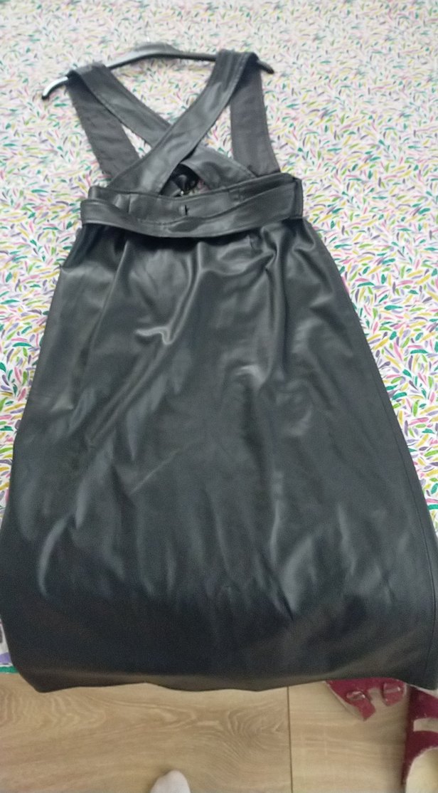 Siyah Deri Kadın Uzun Salopet elbise - Görsel 5