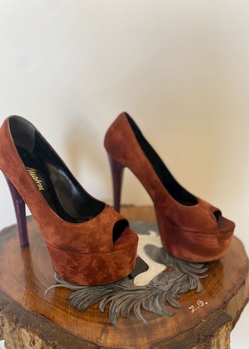 Kiremit Pembe rengi arasında Süet önden platformlu ince topuk. - Görsel 7