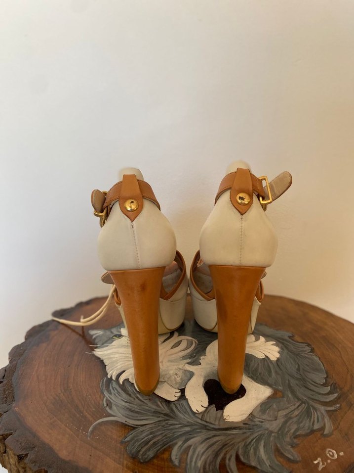 Bej kahverengi Deri Bağcıklı tokalı dolgu Topuklu Kadın Ayakkabı - Görsel 5