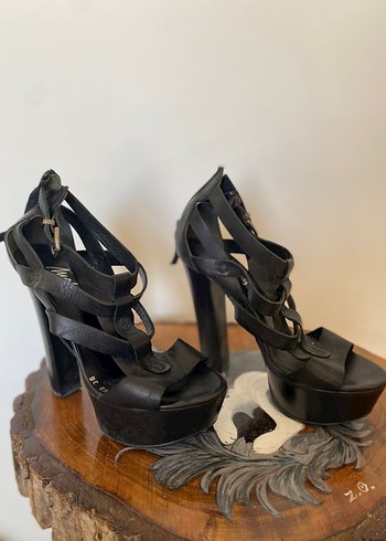 Siyah Deri Platform Topuklu Kadın Sandalet - Görsel 9