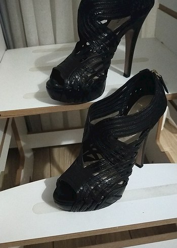 Siyah Deri Platform Topuklu Kadın Ayakkabı - Görsel 6