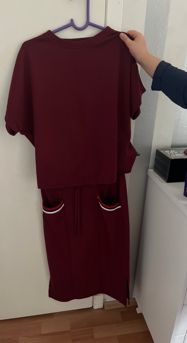 Bordo Kemerli Kadın Midi Eşofman Takımı etekli - Görsel 2