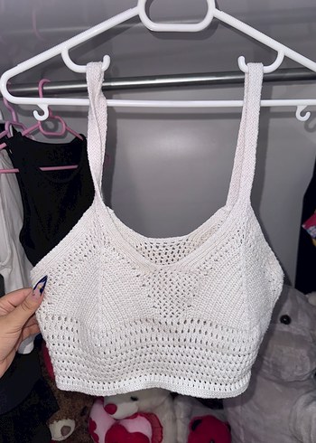 Beyaz Örgü Askılı Crop Top
