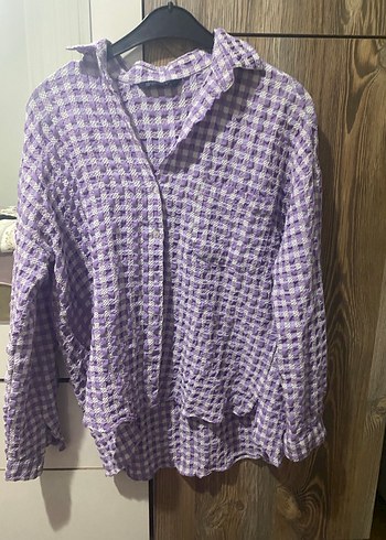 Mor Düğmeli Uzun Kollu Keten Gömlek - Görsel 2