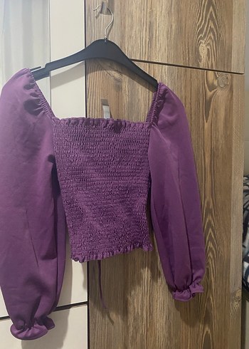 Mor V Yakalı Örme Keten Bluz - Görsel 4