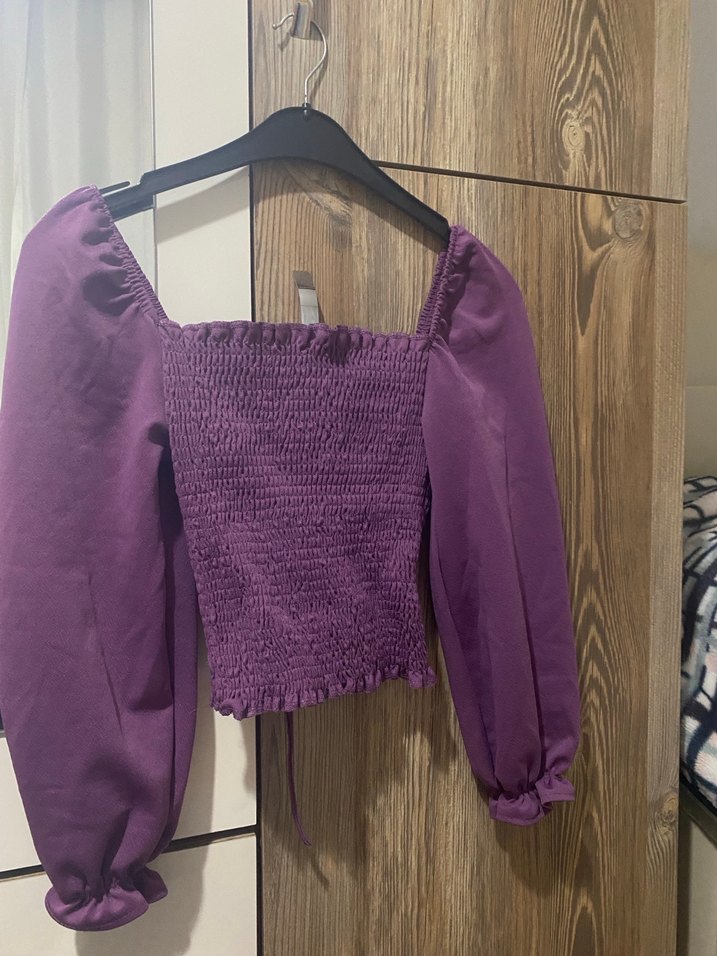 Mor V Yakalı Örme Keten Bluz - Görsel 4