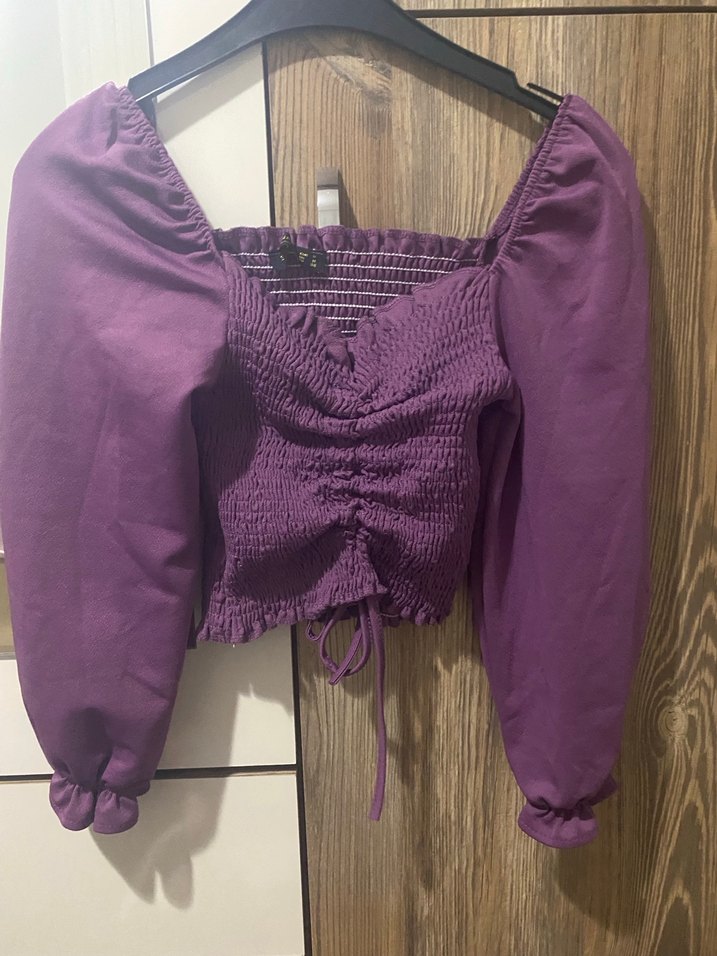 Mor V Yakalı Örme Keten Bluz - Görsel 2