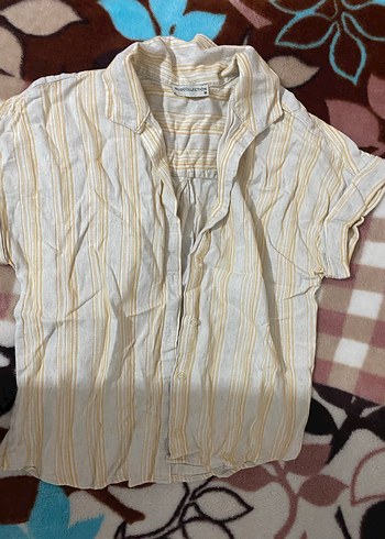 Bej Çizgili Kısa Kollu Keten Gömlek - Görsel 3