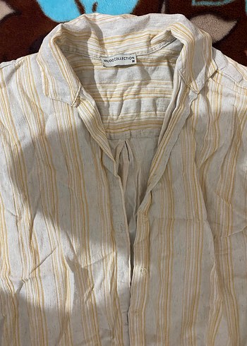 Bej Çizgili Kısa Kollu Keten Gömlek - Görsel 2