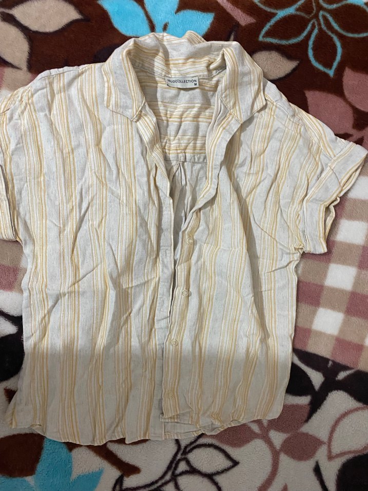 Bej Çizgili Kısa Kollu Keten Gömlek - Görsel 3