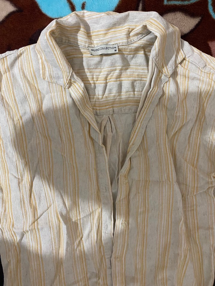 Bej Çizgili Kısa Kollu Keten Gömlek - Görsel 2